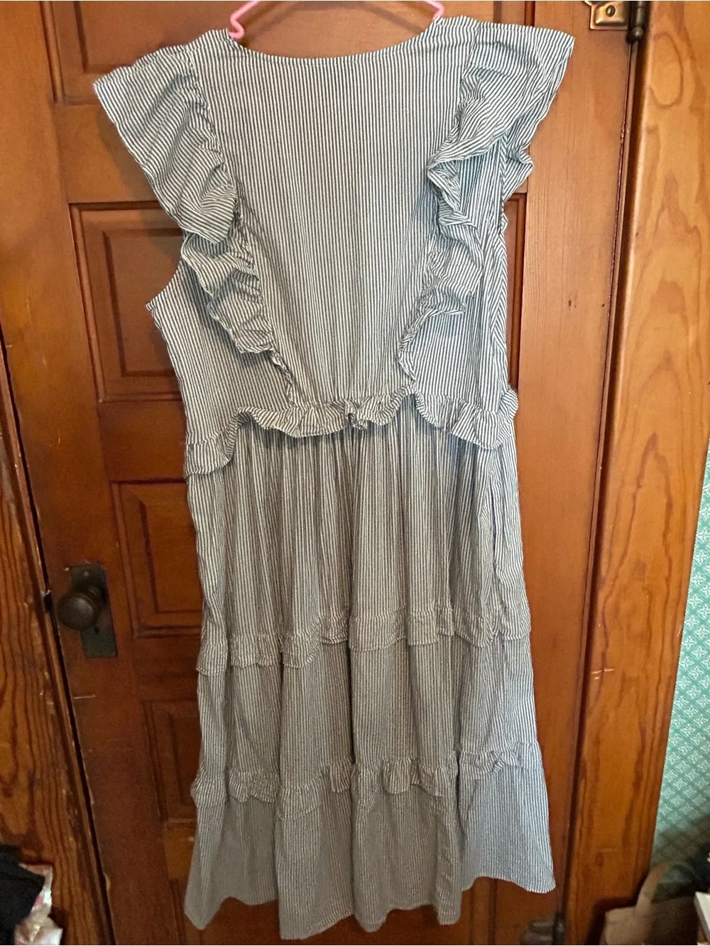 J. Crew Blue and White Striped Ruffle Maxi Dress